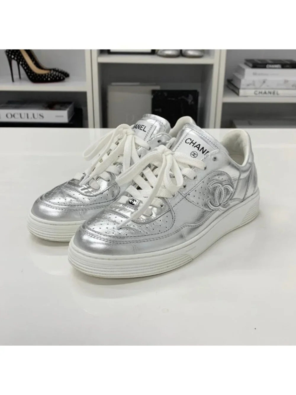 Chanel CC Logo Perforated Leather Sneakers Silver